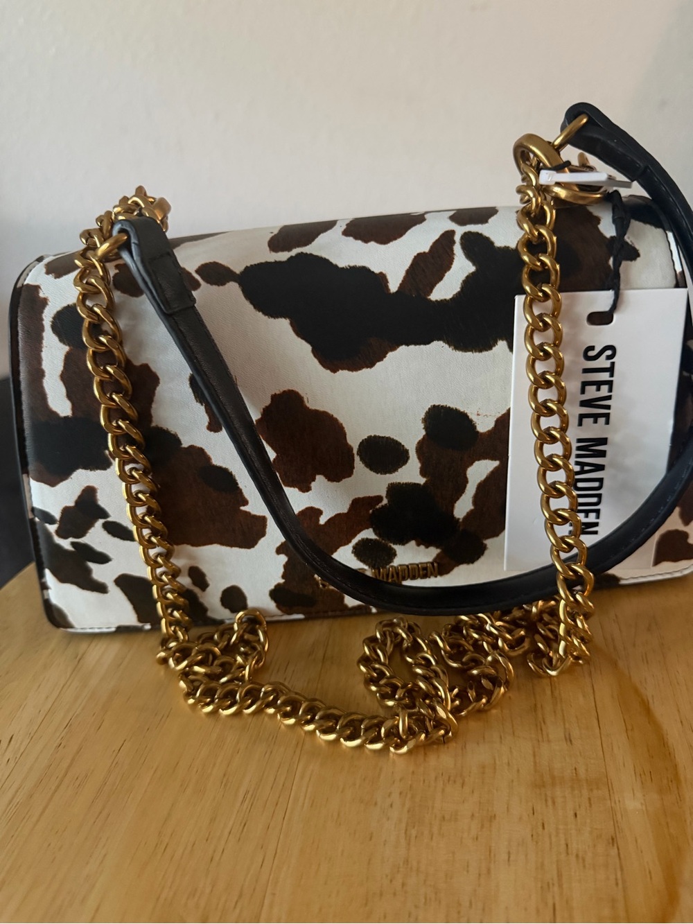Steve Madden Cow Print Crossbody with Gold Chain